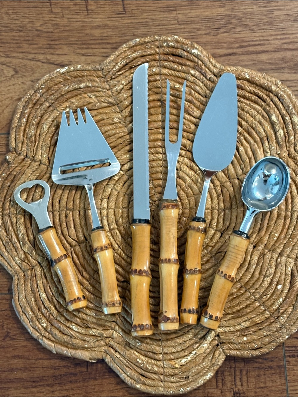 Vintage Tramontina Bamboo Handle Serving Utensil Set 6 Pc Inox Brazil